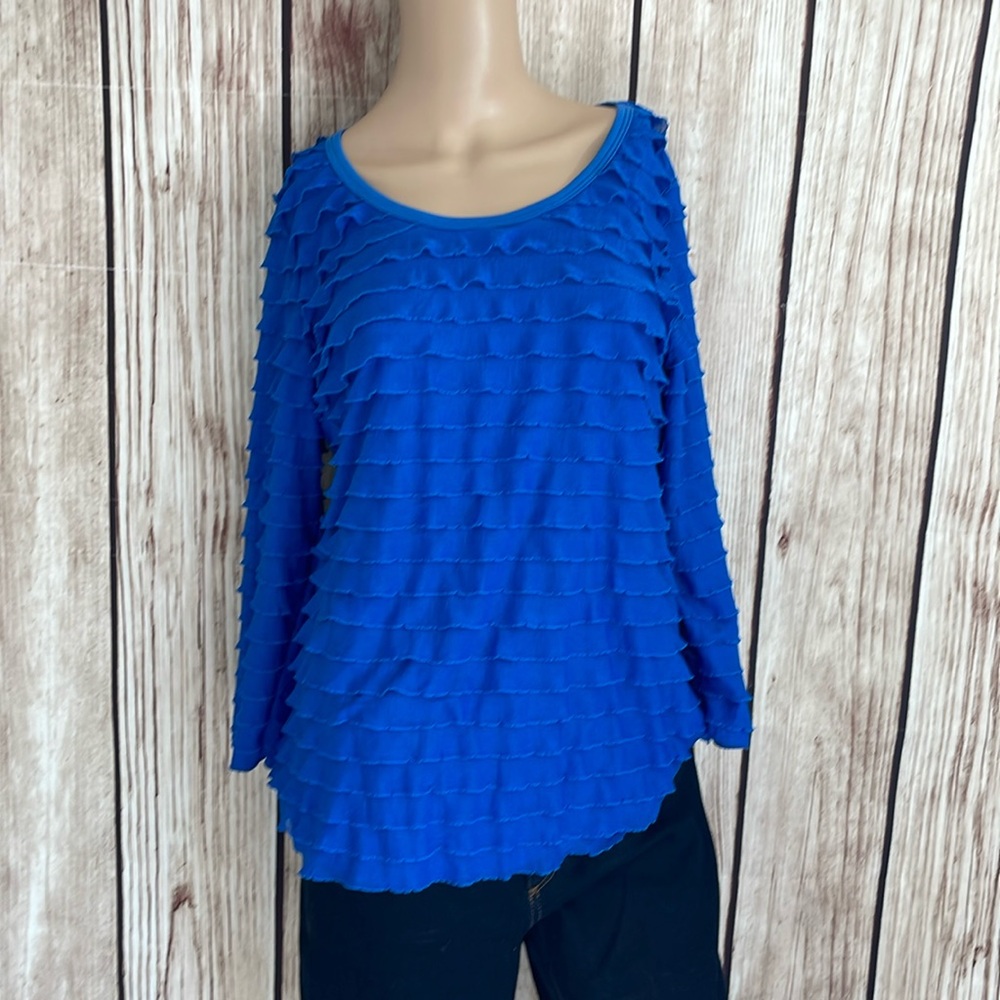 Travel Elements Bright Ruffle Layered Blue Blouse size Med